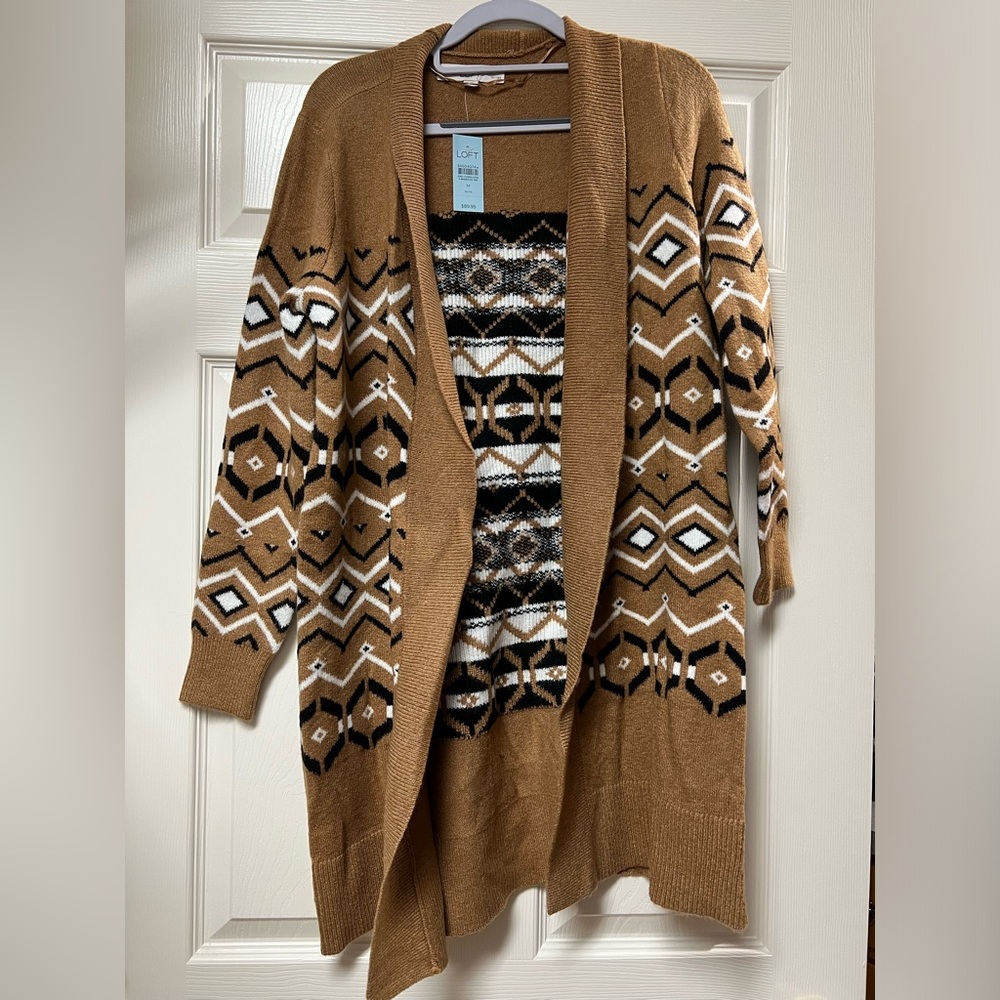 LOFT Brown and White Cardigan Sweater with Geometric Pattern